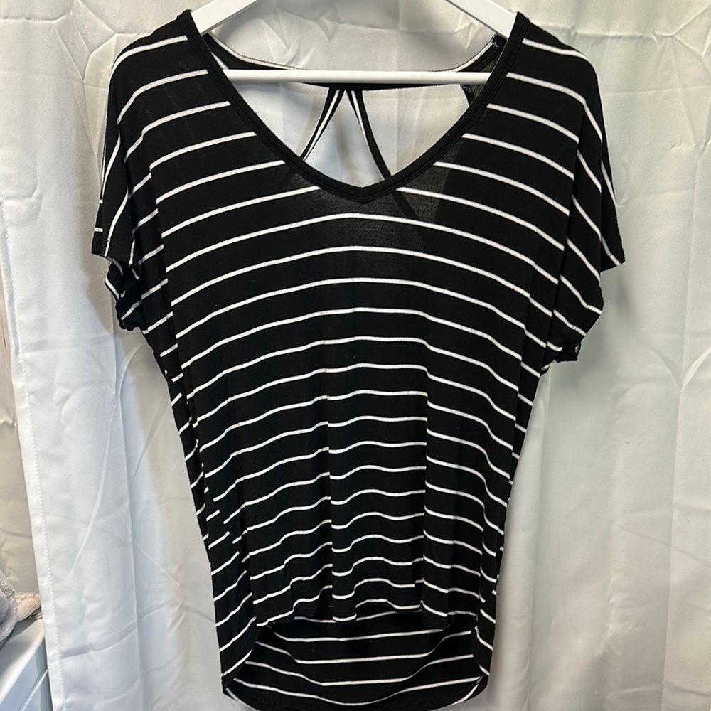 Elegant Black and White Striped V-Neck Blouse